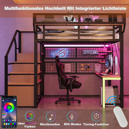 90×200cm & 140*200cm Metal High Bed, with Desk, Shelf and Storage Net, Complete with Safety Ladder, LED Lighting and Socket