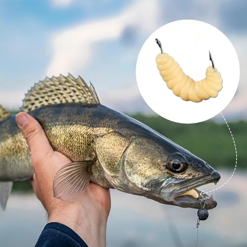 Rubber Maggots Fishing Bait Set with Hooks - Versatile Grub Lures for Bass,Trout,Crappie,Bluegill,Ideal for Freshwater Fishing