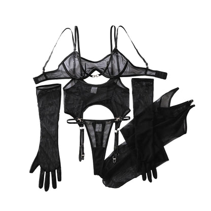 Mesh Lingerieset med Strumpor – Ultra-tunn, Andningsbar, Formande BH & Trosa