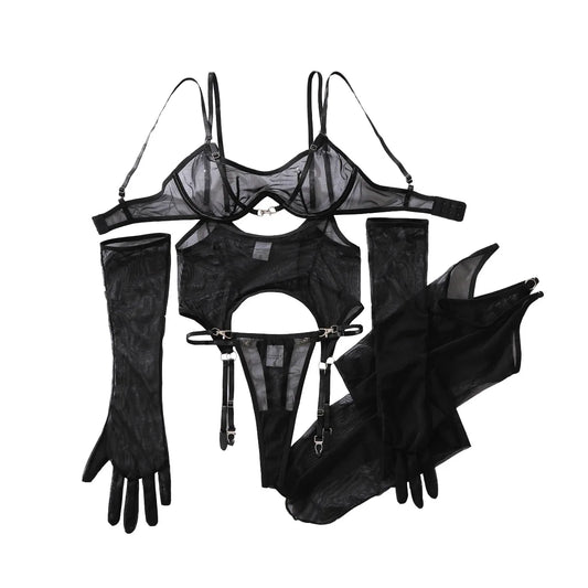 Mesh Lingerieset med Strumpor – Ultra-tunn, Andningsbar, Formande BH & Trosa