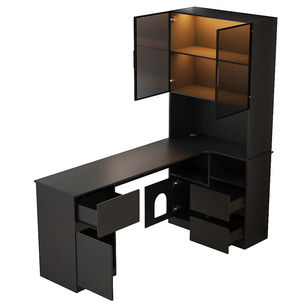 Corner Desk with Shelf and LED Display Cabinet, Desk with Cable Outlet, 3 Drawers, 2 Doors, Open Compartments, Built-in Bookcase