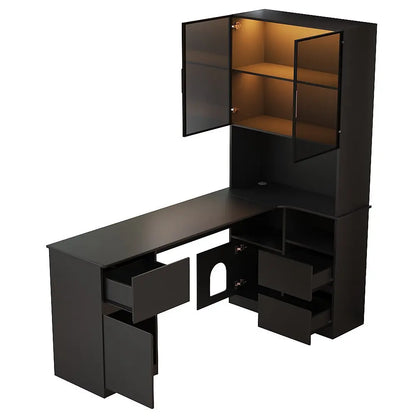 Corner Desk with Shelf and LED Display Cabinet, Desk with Cable Outlet, 3 Drawers, 2 Doors, Open Compartments, Built-in Bookcase