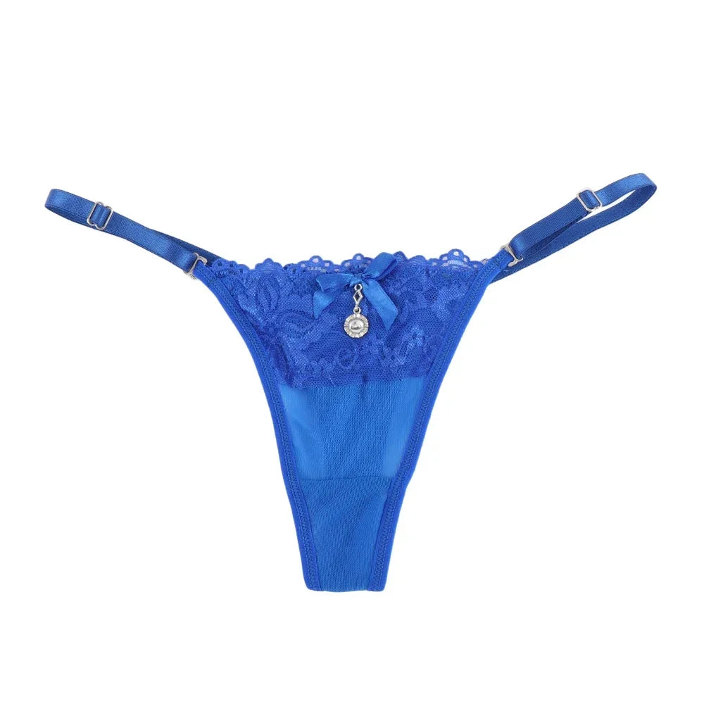 Women Lace Panties Thongs Pearl Pendant Lace Embroidery G-String T-Back Briefs Underwear Adjustable Ladies Panties Sexy Lingerie