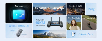 Potensic ATOM 3 C0 Drone with A Camera 8K Photo 4K 60fps Video Max 16KM Range 1/1.3’’ CMOS 3-Axis Gimbal Professional Mini Dron