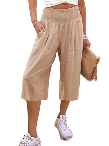 Summer 2024 Amazon Eurn women's cross-border cotton hemp seven waist pocket pocket pocket pocket wide leg pants woman