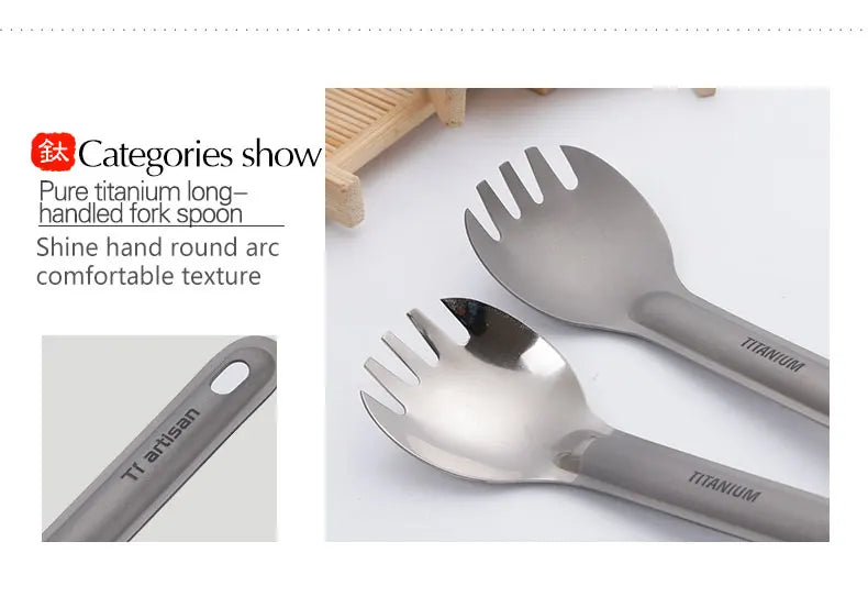 Tiartisan Titaniumsked & Spork – Ultralättviktig 15g, Långt Handtag, Frostad/Polerad, Camping