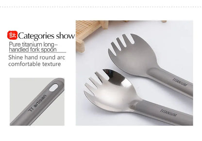 Tiartisan Titaniumsked & Spork – Ultralättviktig 15g, Långt Handtag, Frostad/Polerad, Camping