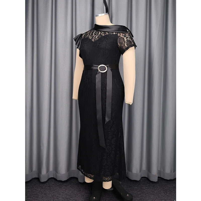 Slergiri Plus Size Black Lace Rhinestone Belt Mermaid Hem Dress Women Elegant Evening Party Gown Ladies Bodycon Long Dresses