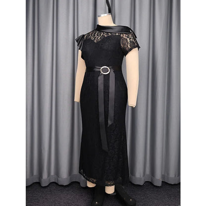 Slergiri Plus Size Black Lace Rhinestone Belt Mermaid Hem Dress Women Elegant Evening Party Gown Ladies Bodycon Long Dresses