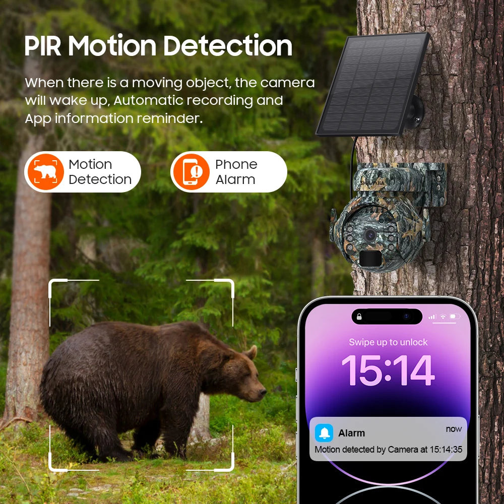 SHIWOJIA 5MP Solcellskamera PTZ – WiFi eller 4G SIM, 360°, PIR-sensor, Kamouflagefärg, Utomhus