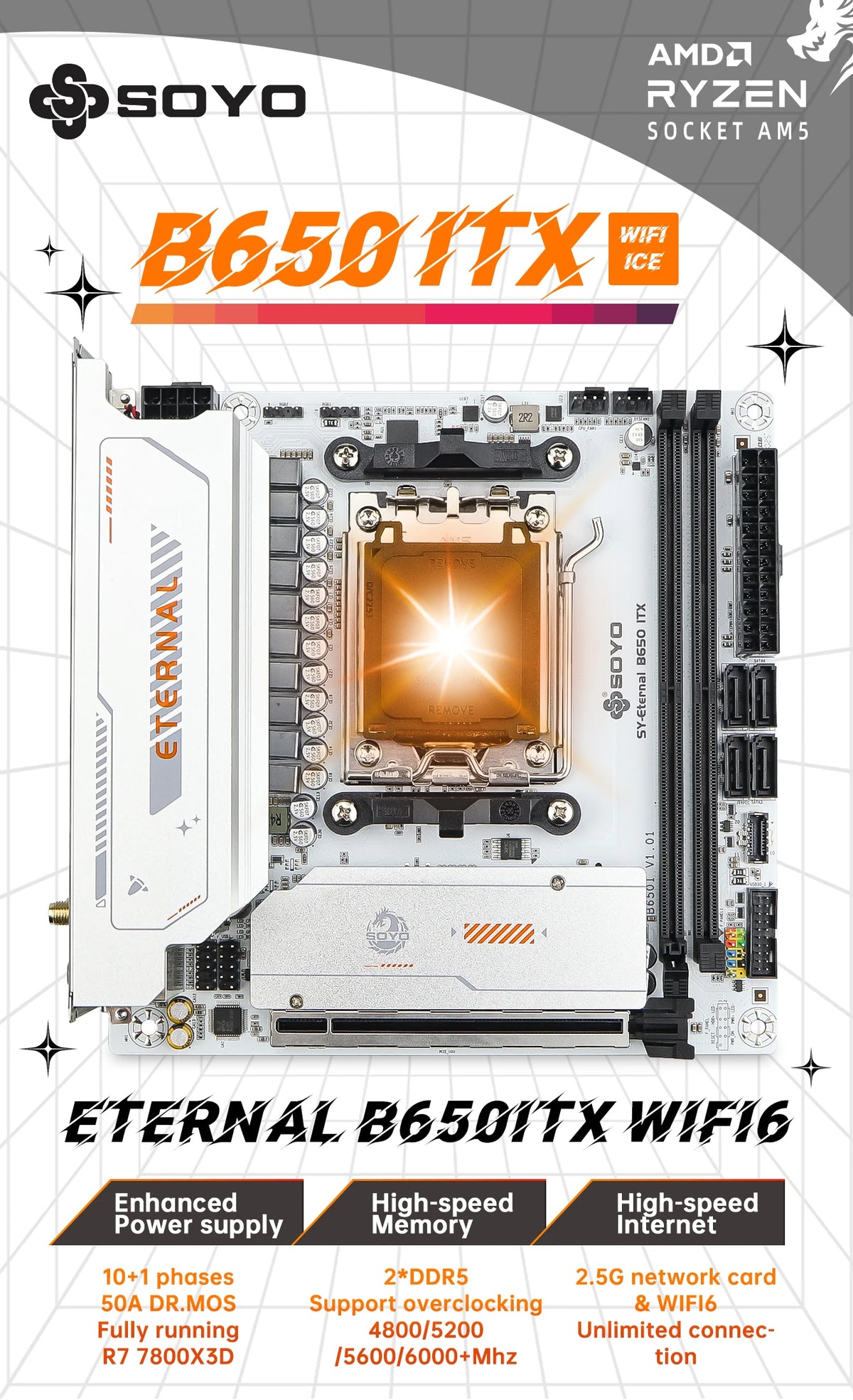 SOYO Motherboard AMD B650ITX Ryzen AM5 DDR5 Supports CPU 7000 8000 9000 Processors Pcie5.0x16 Pcie4.0x4 M.2 ARGB WIFI6