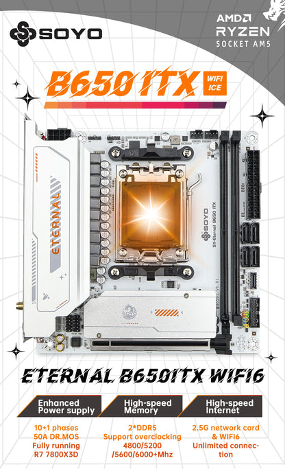 SOYO Motherboard AMD B650ITX Ryzen AM5 DDR5 Supports CPU 7000 8000 9000 Processors Pcie5.0x16 Pcie4.0x4 M.2 ARGB WIFI6