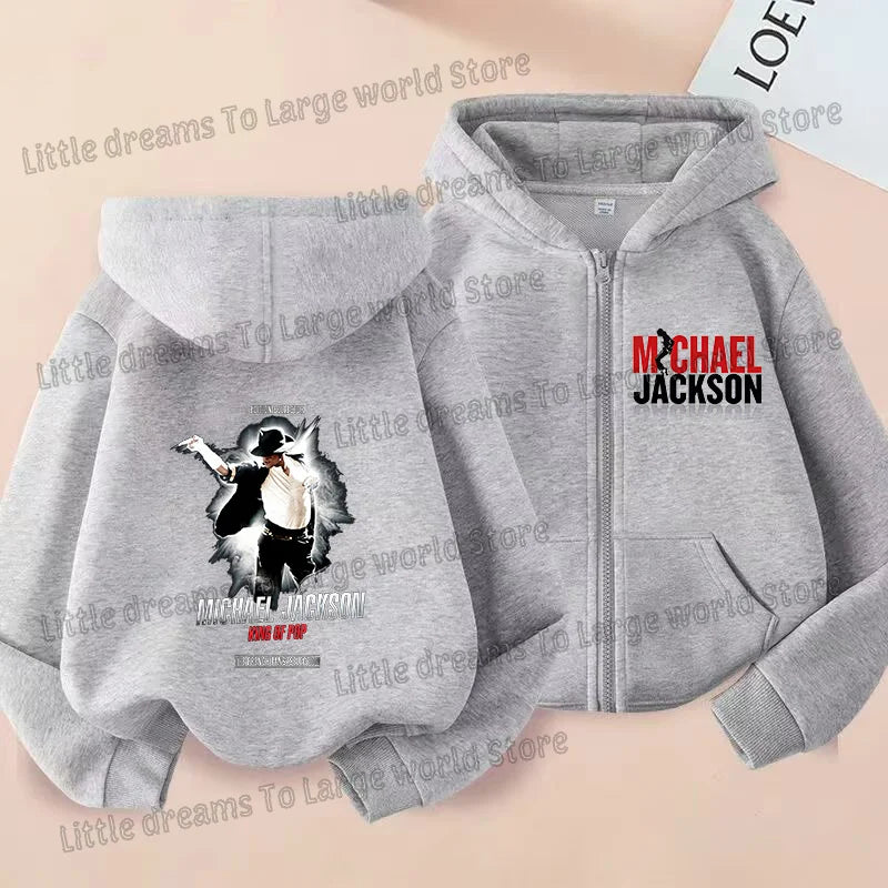 Michael Jackson Thin Long Sleeve Zipper Jacket Boys Hooded Clothes Autumn Spring Singer MJ Zip Up Streetwear with Pocket Tops