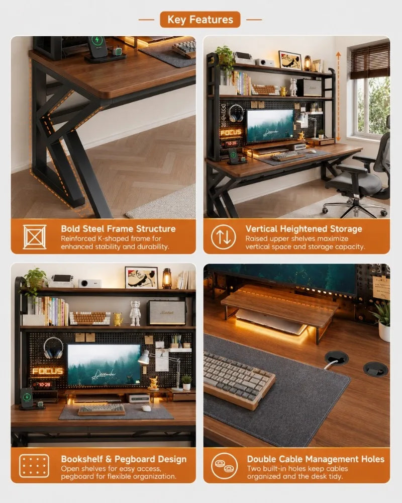 Gaming Desk with Bookshelf and Pegboard Computer Desk with Storage Shelf Home Office Study Desk for Bedroom Small Space