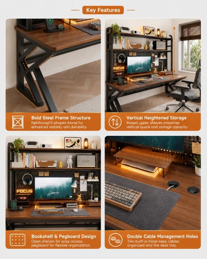 Gaming Desk with Bookshelf and Pegboard Computer Desk with Storage Shelf Home Office Study Desk for Bedroom Small Space