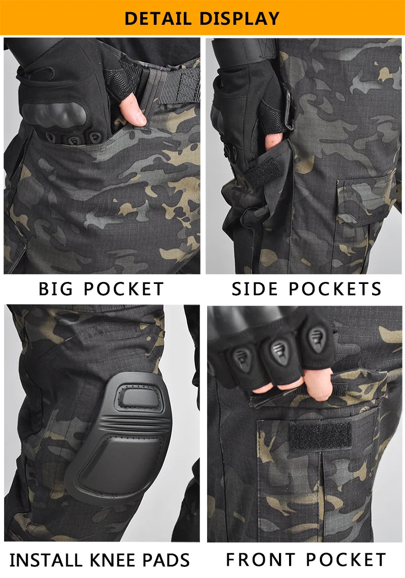 Multicam Tactical Pants +Pads Men Combat Trousers Work Camo Hunting Clothes Multi-pocket Breathable Wear-resisting Cargo Pants
