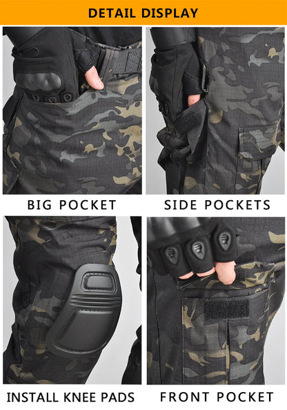 Multicam Tactical Pants +Pads Men Combat Trousers Work Camo Hunting Clothes Multi-pocket Breathable Wear-resisting Cargo Pants