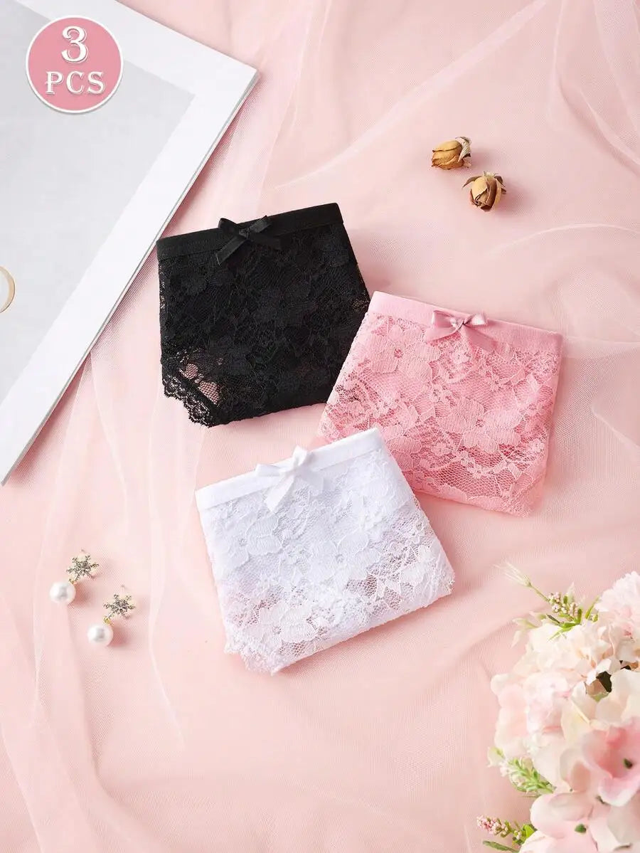 3Pcs Sexy Lace Women Thongs Transparent Women Panties Sexy Underwear Solid Floral G-String Size XS-XL Female Underpants Lingerie