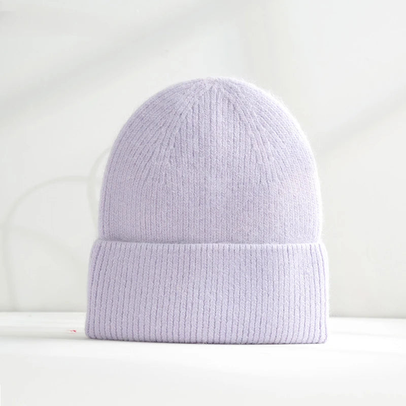 Fluffy Angora Hat Rabbit Fur Warm Winter hat For Womans Cashmere Wool Soft Beanies Blue Knitted Hat Outdoor Ski Female