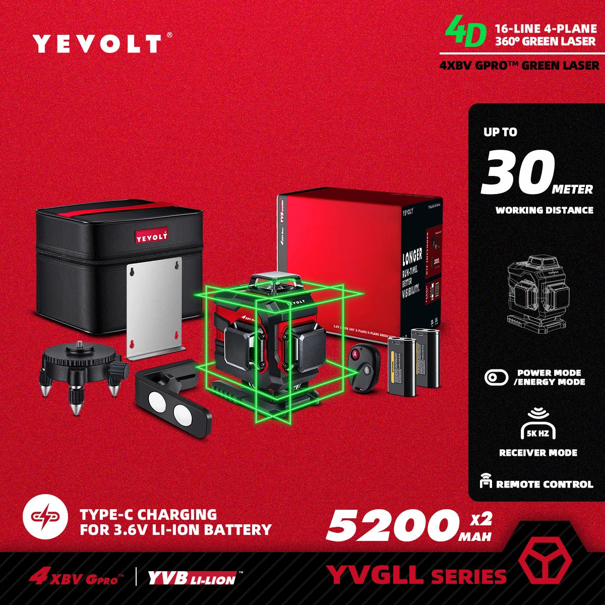 YEVOLT YVGLL4XS16 Grön Lasernivå 4D – 4 Plan, 16 Linjer, 3Ah/5,2Ah Batteri, Självnivellerande