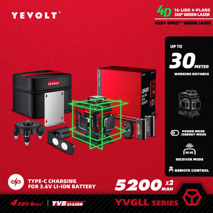 YEVOLT YVGLL4XS16 Grön Lasernivå 4D – 4 Plan, 16 Linjer, 3Ah/5,2Ah Batteri, Självnivellerande