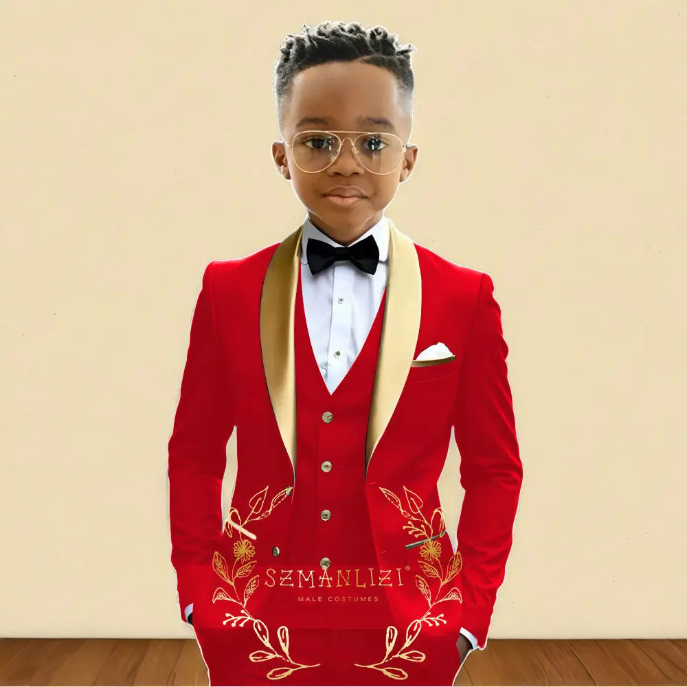 Oil Green Boys Suit 3 Pieces Wedding Tuxedo for Kids Jacket Pants Vest Gold Shawl Lapel Child 2-16 Years Old Customized Outfit