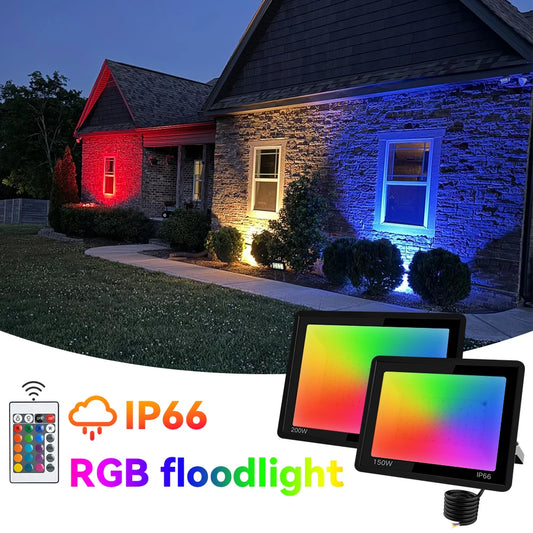 RGB LED Strålkastare 100–200W – IP66, Fjärrkontroll, SMD2835, CE/RoHS, EU-lager (Polen)
