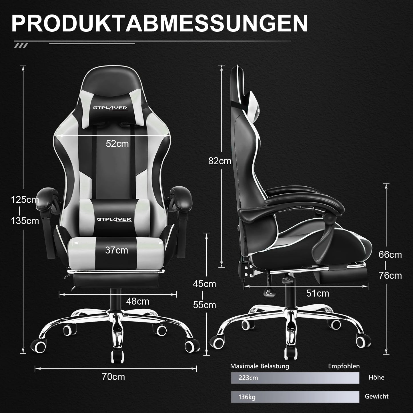 GTPLAYER Gaming chair with massage Lumin cushion & footrest, Ergonomic office chair with padded seat, swivel chair up to 150 kg