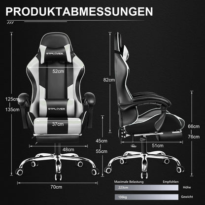 GTPLAYER Gaming chair with massage Lumin cushion & footrest, Ergonomic office chair with padded seat, swivel chair up to 150 kg