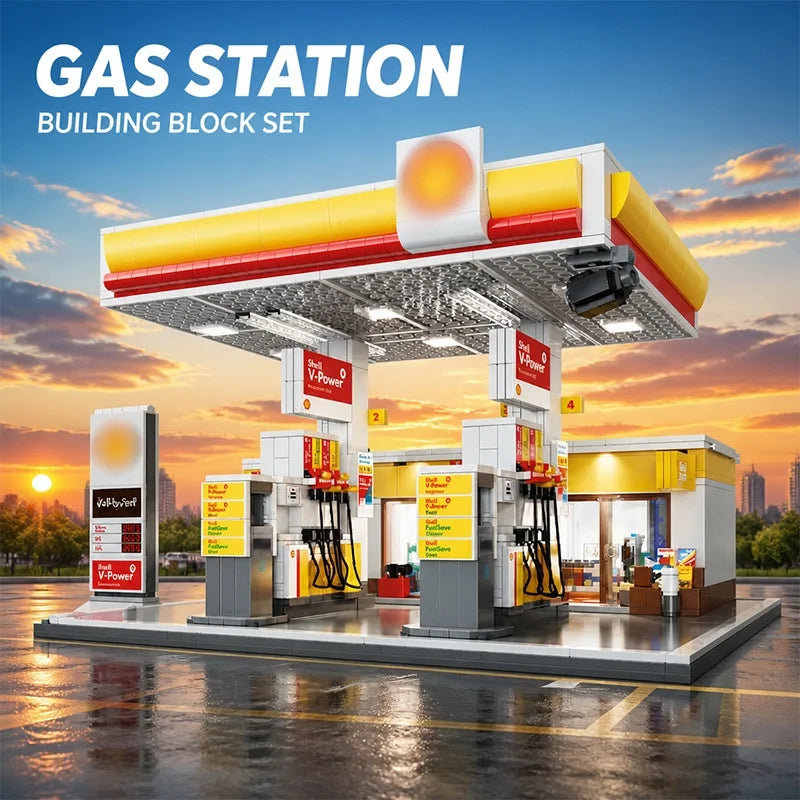 Bensinstation i byggklossar med LED-belysning – 1 327 delar, C66026