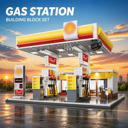 Bensinstation i byggklossar med LED-belysning – 1 327 delar, C66026