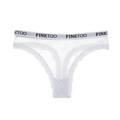 FINETOO Women Sexy Lace Low-Rise Thongs Letter Waist Transparent G-String Ladies Seamless Lingerie Hollow Out Perspective T-Back