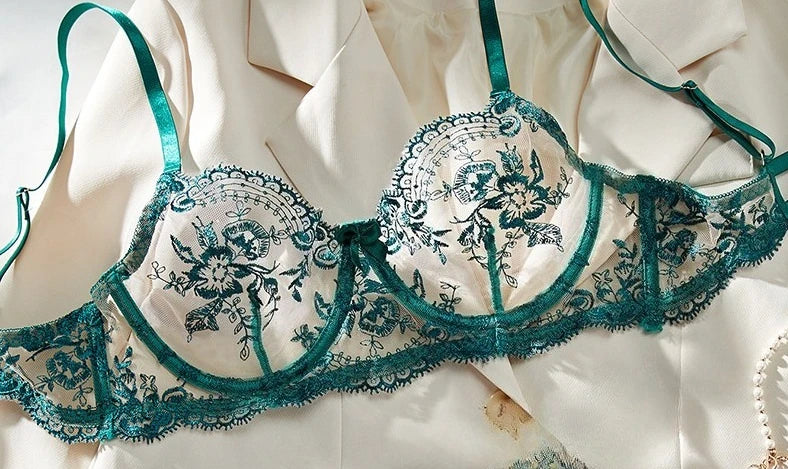 Conjunto Lencería Bordado Floral Transparente Aro Rejilla Copa Fina Sujetador Push Up Estilo Puro Deseo Ropa Interior Mujer S-XL