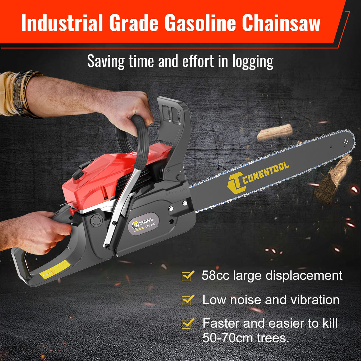 CONENTOOL Professional 58CC Gas Petrol Chainsaw 20" Chain Saw 2.55kW High Power Wood Cutter for Tree Felling Firewood Farm Forestry Garden Tool