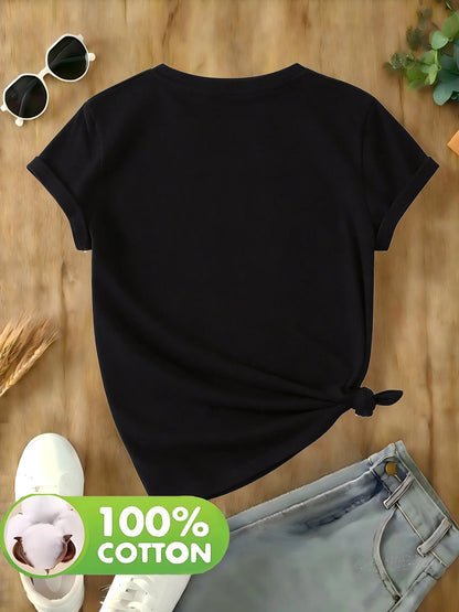 100% Cotton Material, 1 Pack, Women’s Solid-Colored Printed V-Neck T-Shirt, Cotton Fabric, Comfortable and Breathable
