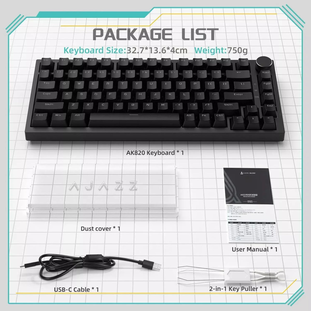 AJAZZ AK820 mekaniskt tangentbord – 75 % ANSI, volymvred och hot-swap