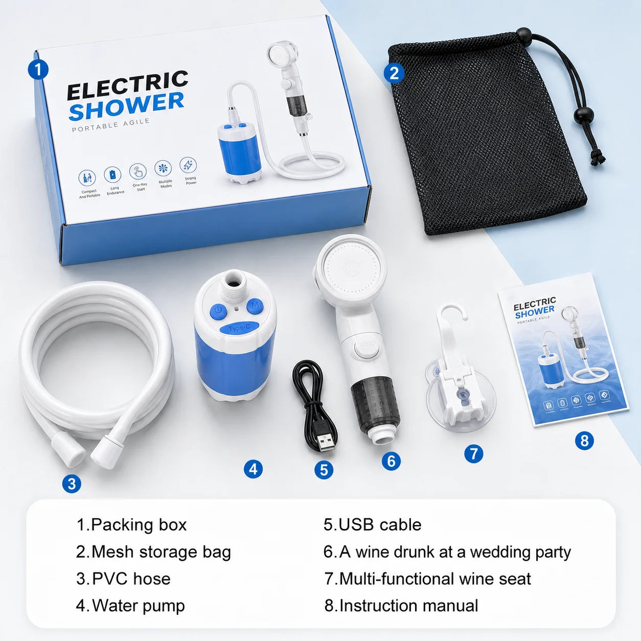 Portabel Campingdusch – Elektrisk Pump 4000mAh, Digital Display, Slang & Krok, Blå