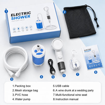 Portabel Campingdusch – Elektrisk Pump 4000mAh, Digital Display, Slang & Krok, Blå