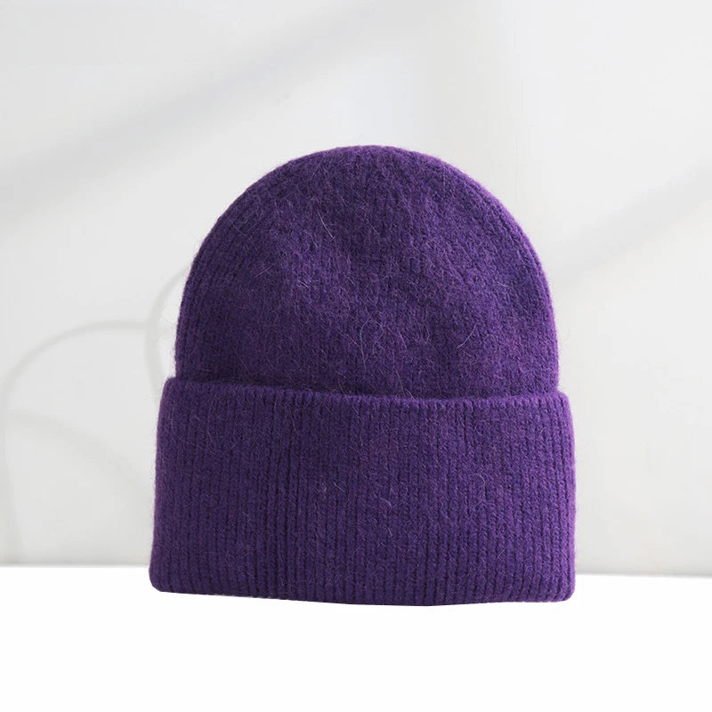 Fluffy Angora Hat Rabbit Fur Warm Winter hat For Womans Cashmere Wool Soft Beanies Blue Knitted Hat Outdoor Ski Female