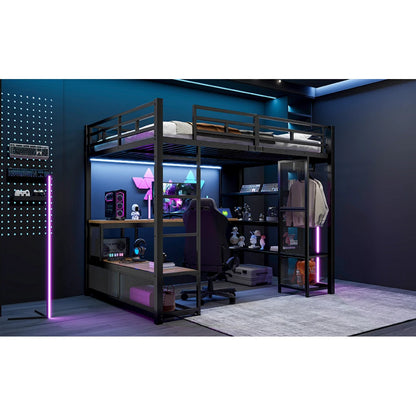 140x200cm Metal High Bed with Storage and Open Wardrobe, Kids Bedroom Bed with USB Connector and LED Lighting, Black/white