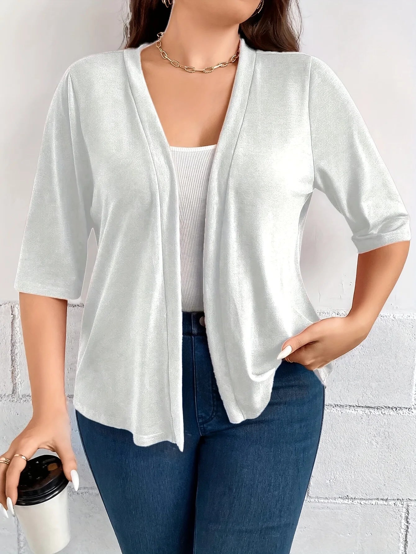 Dam Plus Size Blazer – Dräperad Öppen Enfargad 3/4-ärm Casual Mångsidigt Året Runt, 8 Färger 1XL–5XL