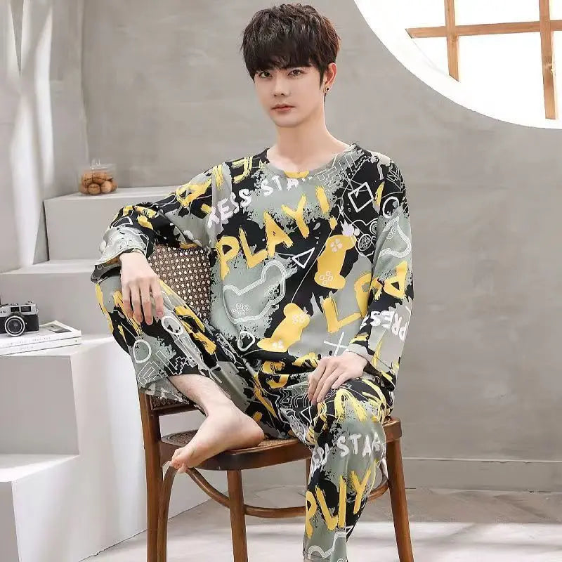 Herr Pyjamas Set Vår & Höst – Långärmad Randig Mjuk Koreansk Stil, 6 Färger M–XXL