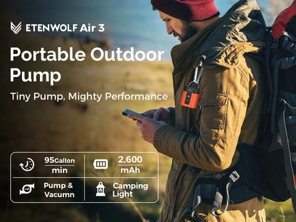 ETENWOLF AIR 3 Portabel Luftpump – 2600mAh, 360L/min, Campinglampa, Deflation, Orange/Grön