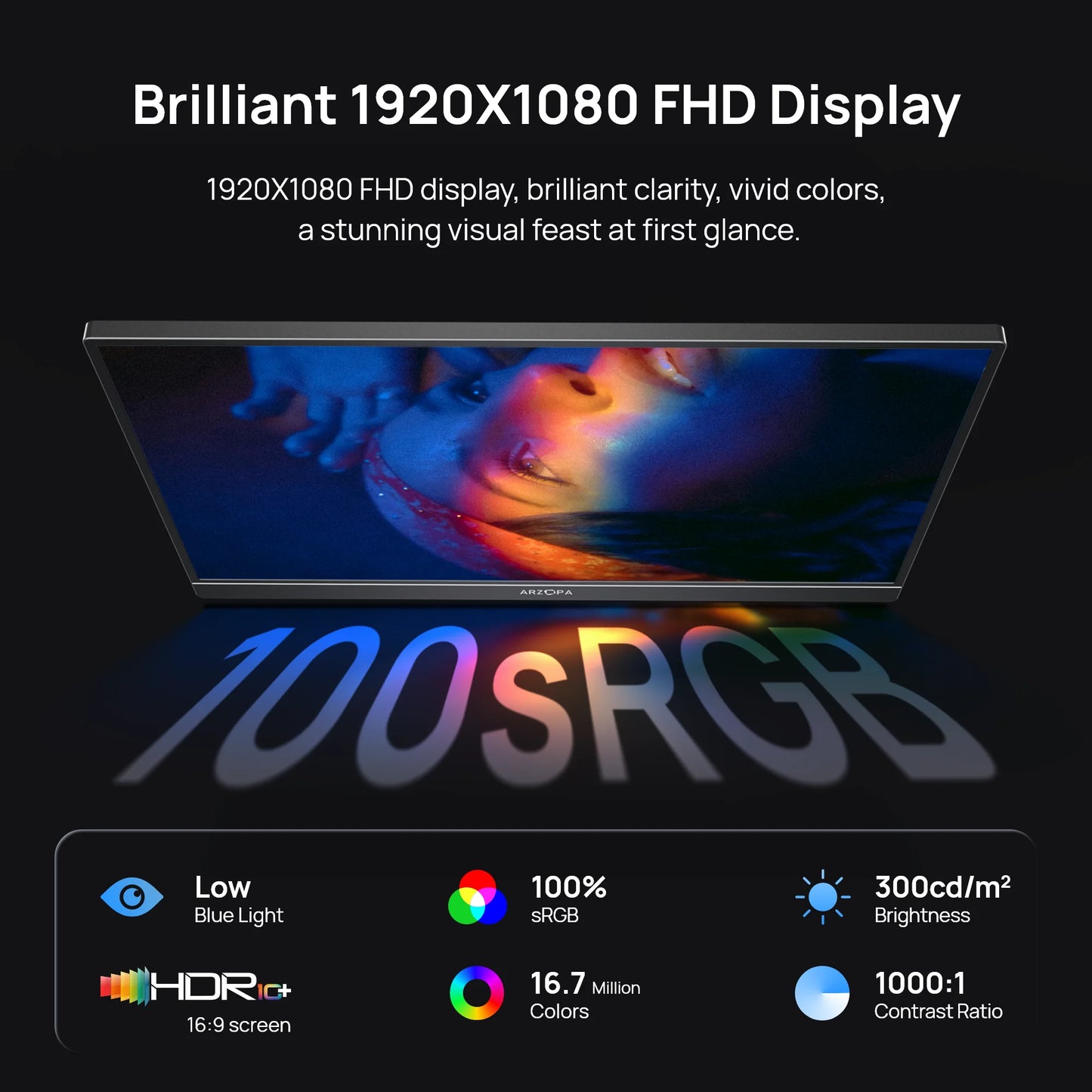 ARZOPA 16.1'' 100% SRGB 1080P FHD Portable Monitor IPS Screen Second Monitor External Display Z1C
