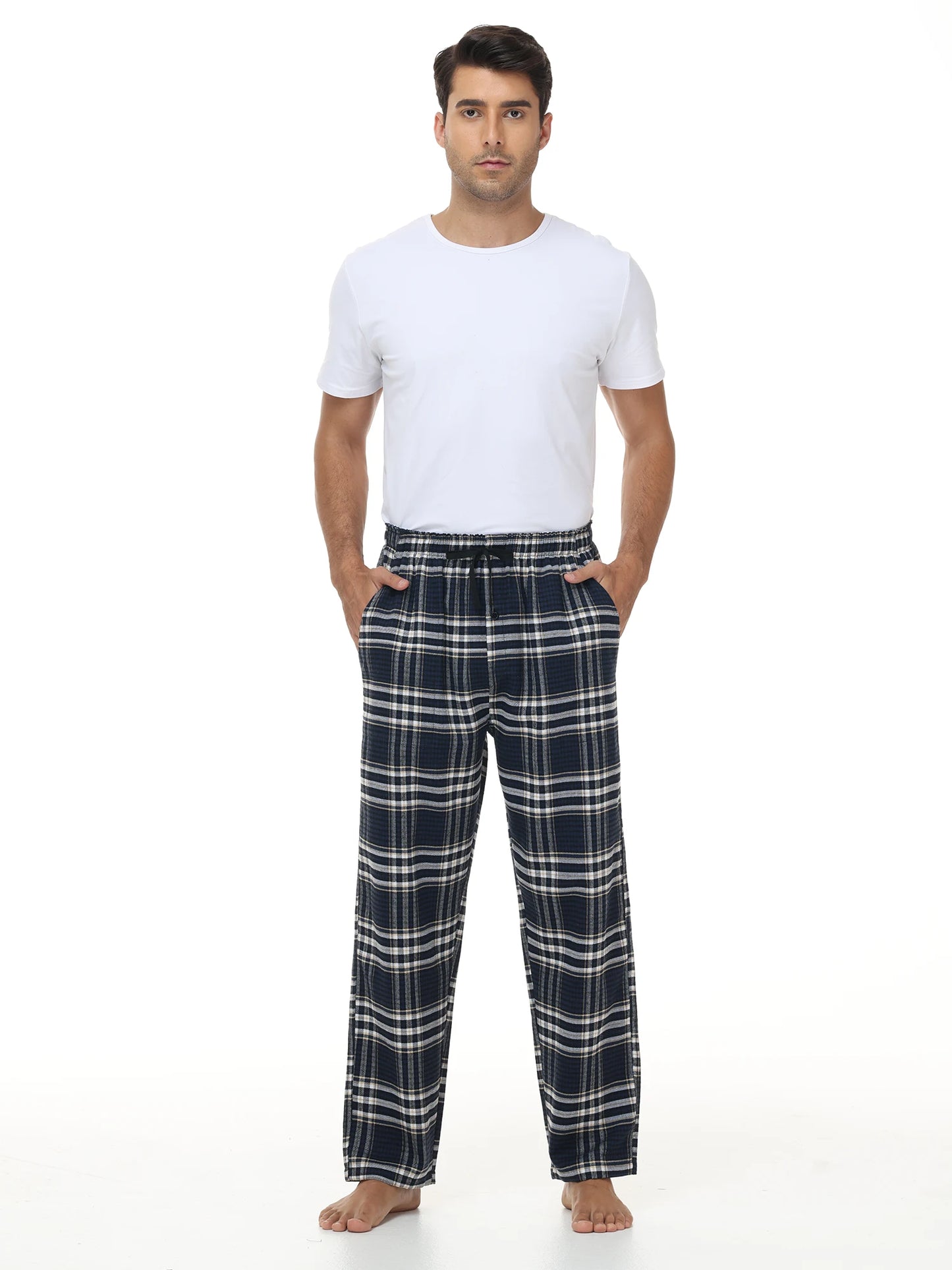 Men's 3Pcs Pajama Sleeping Pants Cotton Plaid Pjs, Long Plaid Print Sleepwear Pajama Pants with Elastic Waist Homewear