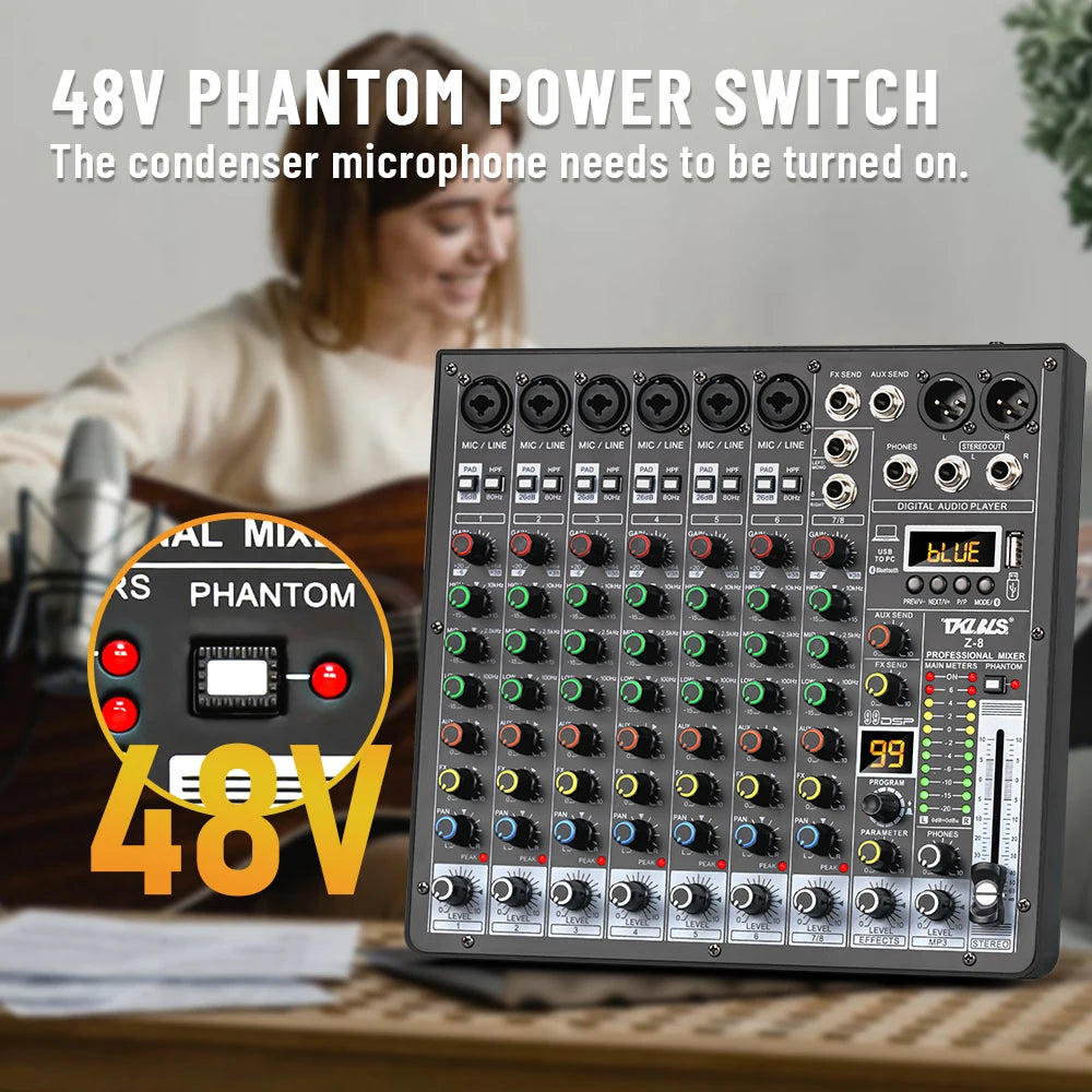 TKLBLS Z8 8 Channel Professional Mixer Bluetooth 48V 12V Battery Powered USB Studio Recording Live Show