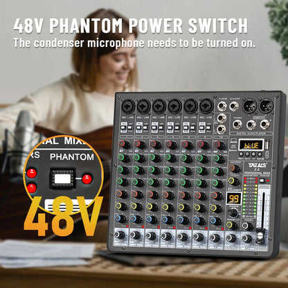 TKLBLS Z8 8 Channel Professional Mixer Bluetooth 48V 12V Battery Powered USB Studio Recording Live Show