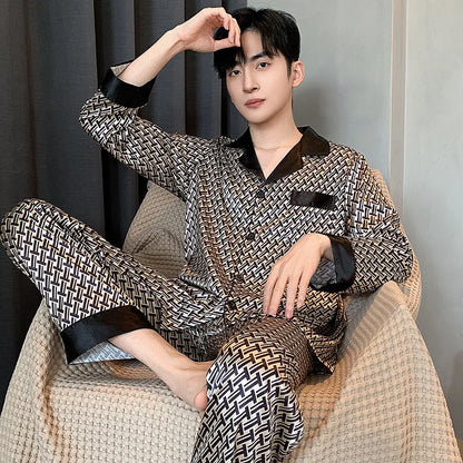 Herr Silk Satin Pyjamas 2-delad – Långärmad Topp & Byxor Tryckt Mönster, Svart/Röd/Marinblå
