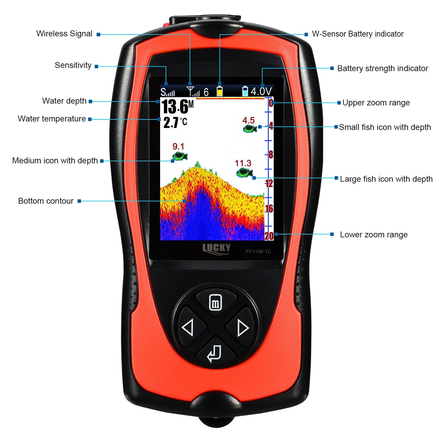 LUCKY FF1108-1CWLA Sonar Fish Finder Portable Wireless Rechargeable Echo Sounder 45M Water Depth Sensor for Fishing