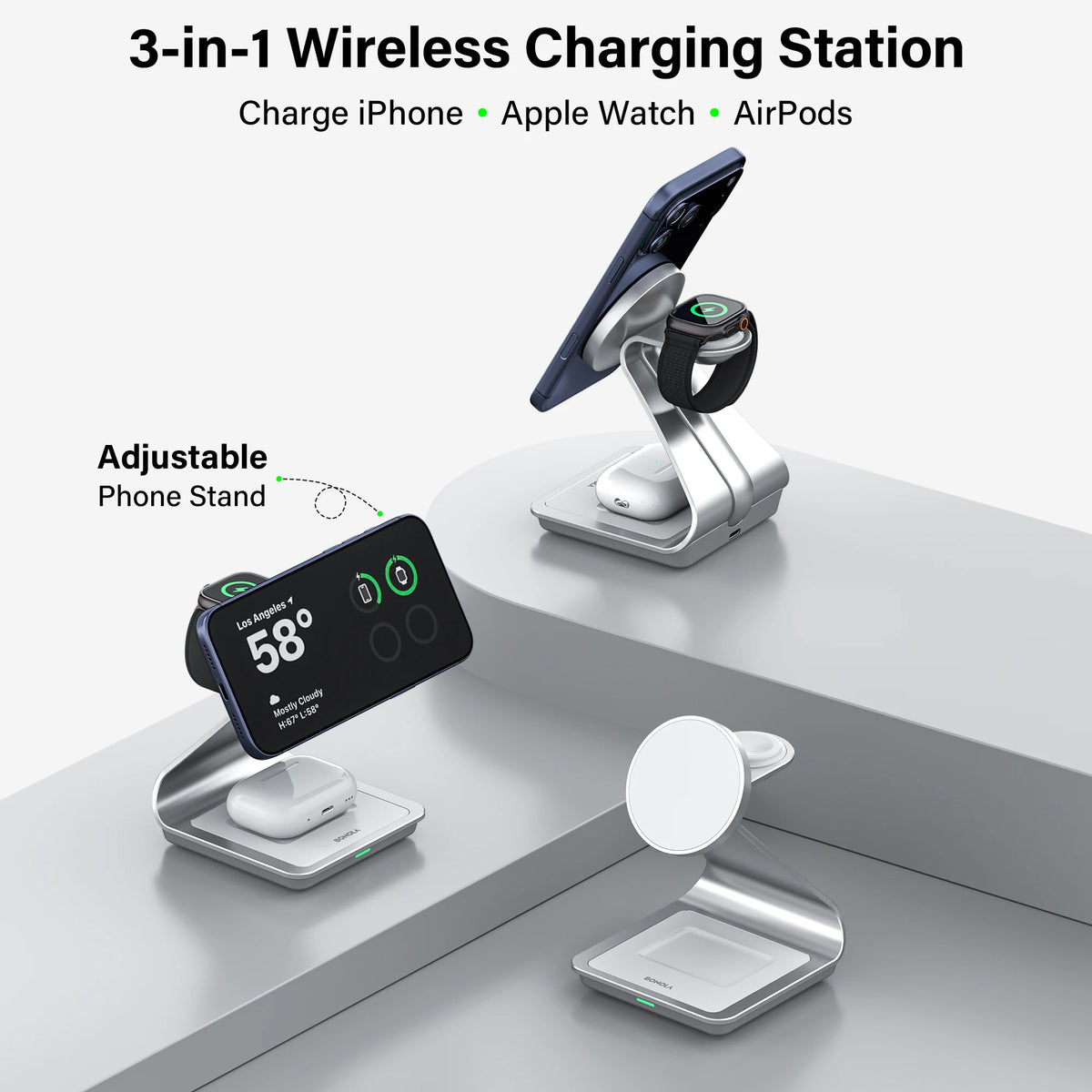 BONOLA 3-i-1 trådlös laddstation för iPhone, Apple Watch och AirPods